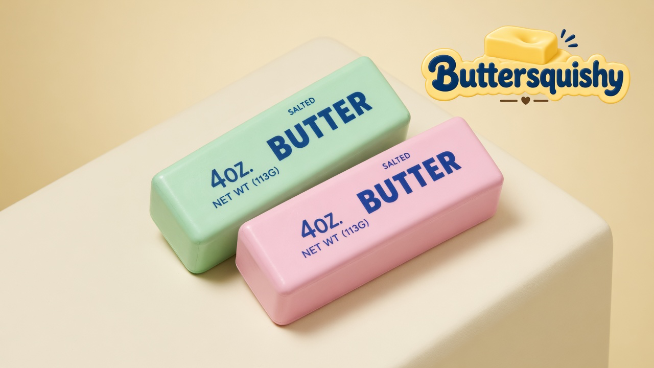 Pale mint-green and pink Mint Berry Crunch Butter sticks printed 4OZ SALTED BUTTER on a light-yellow cream studio block, Buttersquishy logo in the upper right