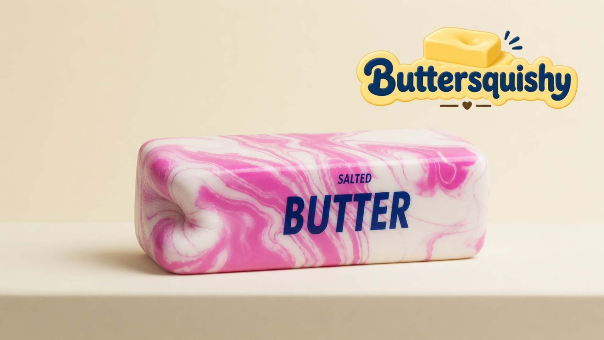 One pink-and-white marble butter stick printed SALTED BUTTER on a soft light-yellow cream studio, Buttersquishy logo in the upper right