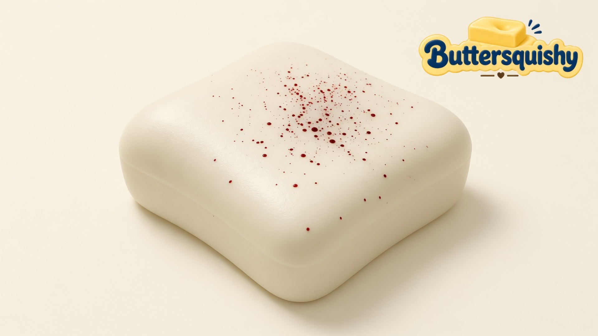 One cream square Bread Toast Loaf with a scatter of dark-red crumb dots on a light-yellow cream studio surface, Buttersquishy logo in the upper right