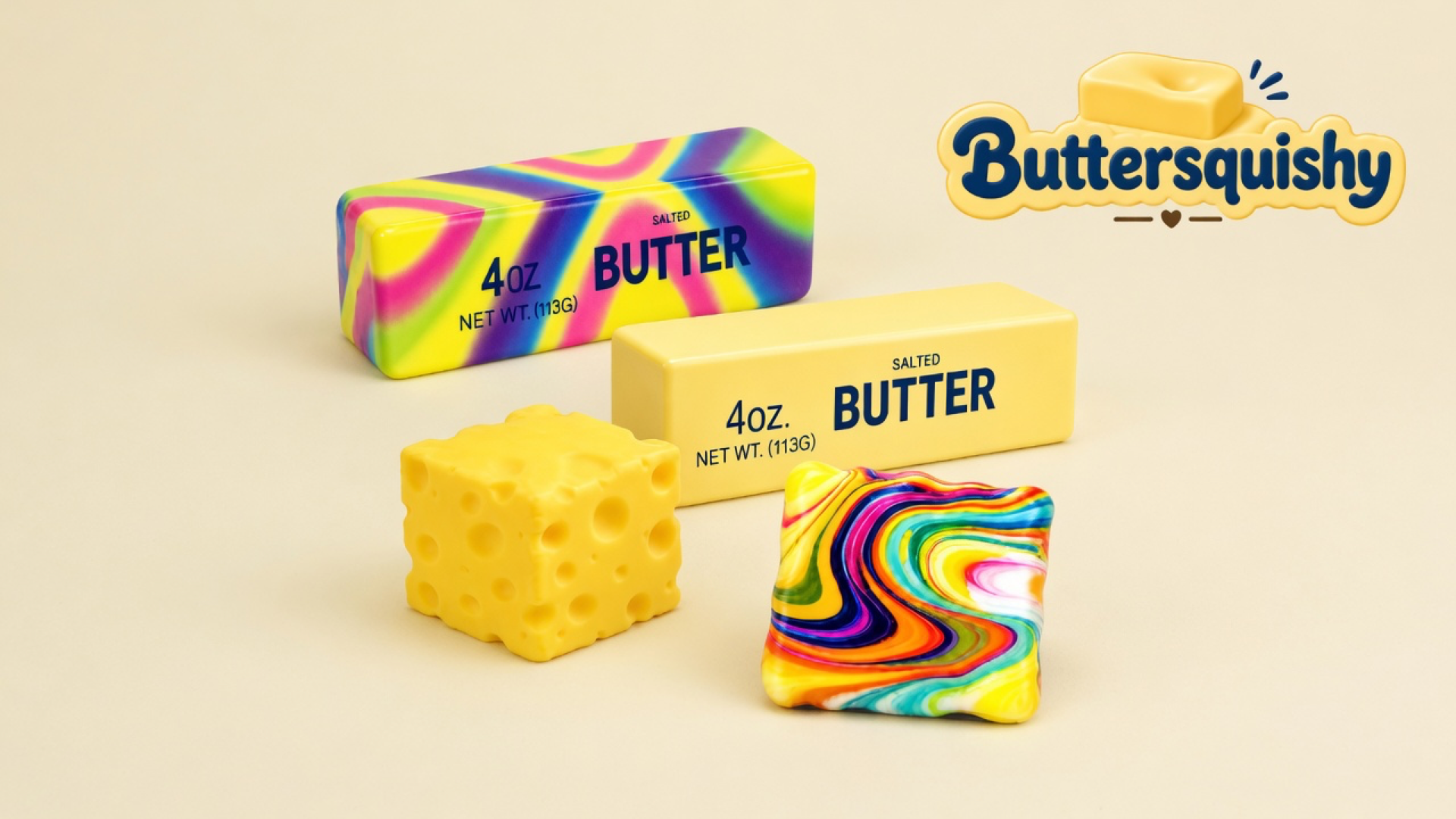 Four mixed Cheese Cube Loaf toys — a rainbow printed stick, a yellow SALTED BUTTER stick, a holey cheese cube, and a swirl square — on a light-yellow cream studio surface, Buttersquishy logo in the upper right