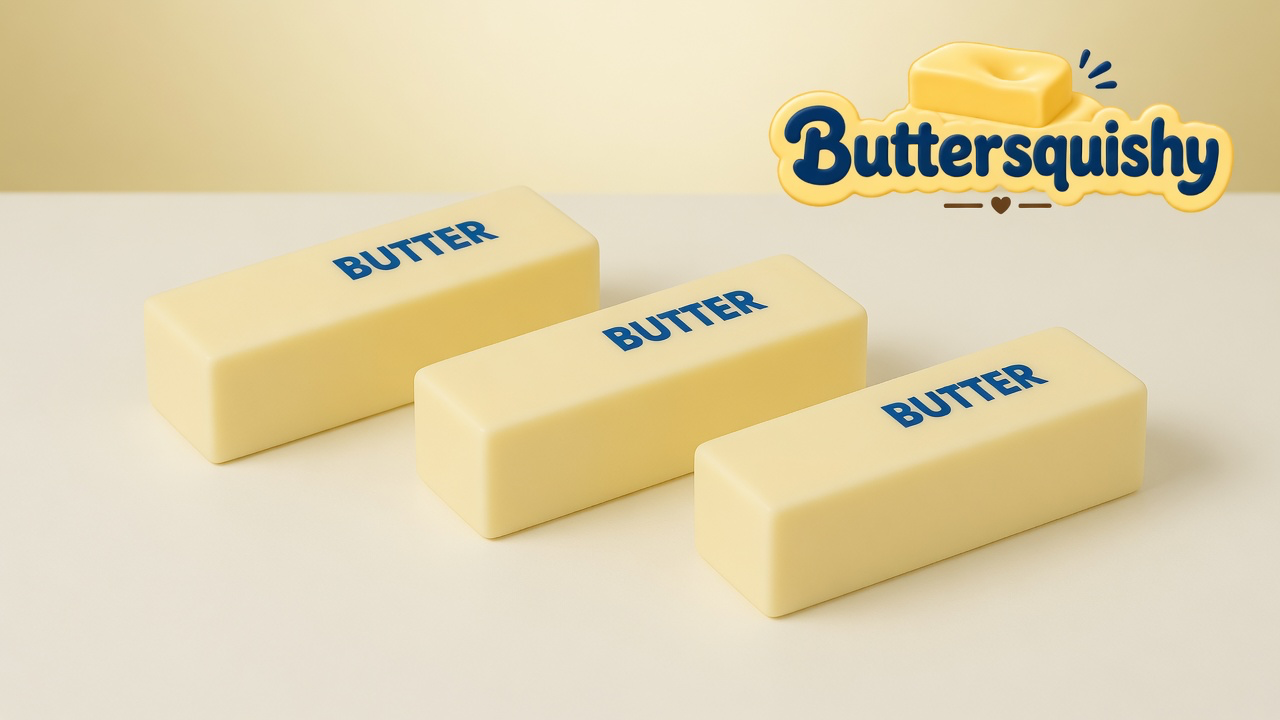Three matching pale-yellow Classic Butter Stick 4oz bars printed BUTTER on a light-yellow cream studio surface, Buttersquishy logo in the upper right