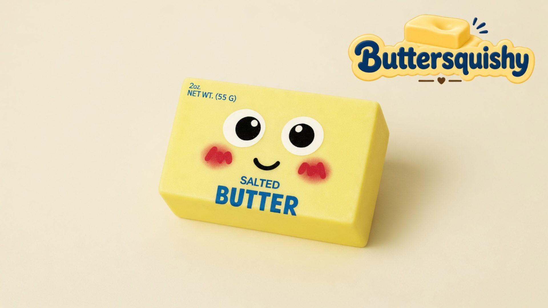 Pale yellow Face Cube Butter loaf with cartoon eyes, blush, and SALTED BUTTER type on a light-yellow cream studio surface, Buttersquishy logo in the upper right