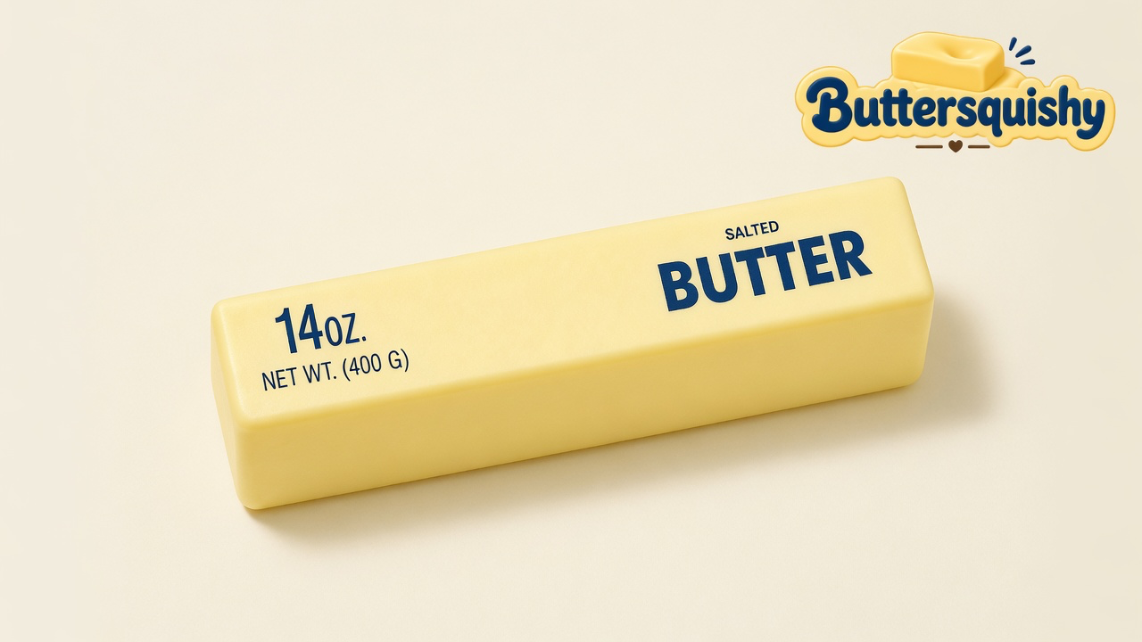 One pale yellow Jumbo Butter Loaf 14oz stick printed 14 OZ. NET WT. (400 G) and SALTED BUTTER on a light-yellow cream studio surface, Buttersquishy logo in the upper right
