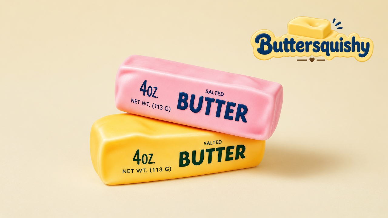 Pink and yellow Pink Orange Crunch Butter sticks stacked on a light-yellow cream studio surface, with the Buttersquishy logo in the upper right