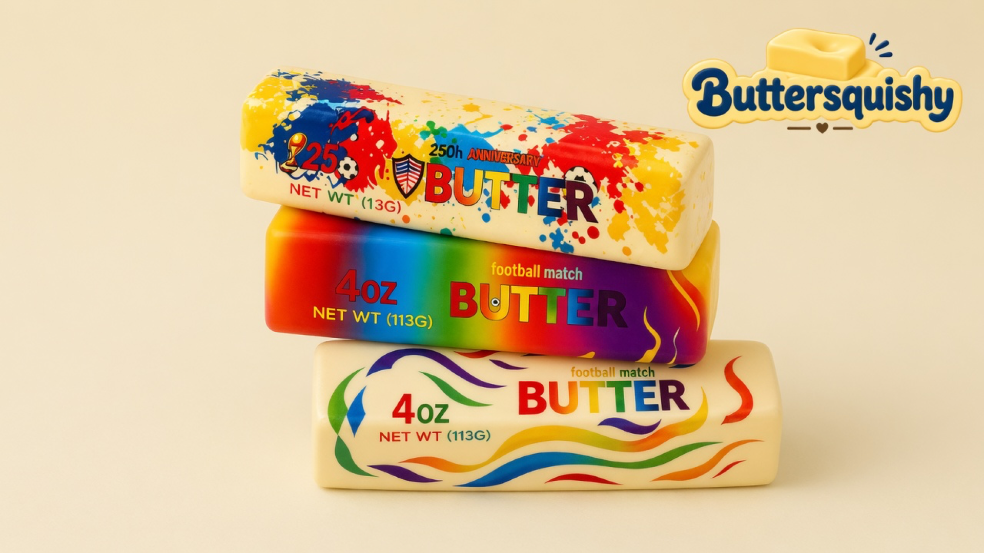 Three Splash Marble Butter sticks — paint-splatter, rainbow fade, and wave-ribbon prints — stacked on a light-yellow cream studio surface, Buttersquishy logo in the upper right