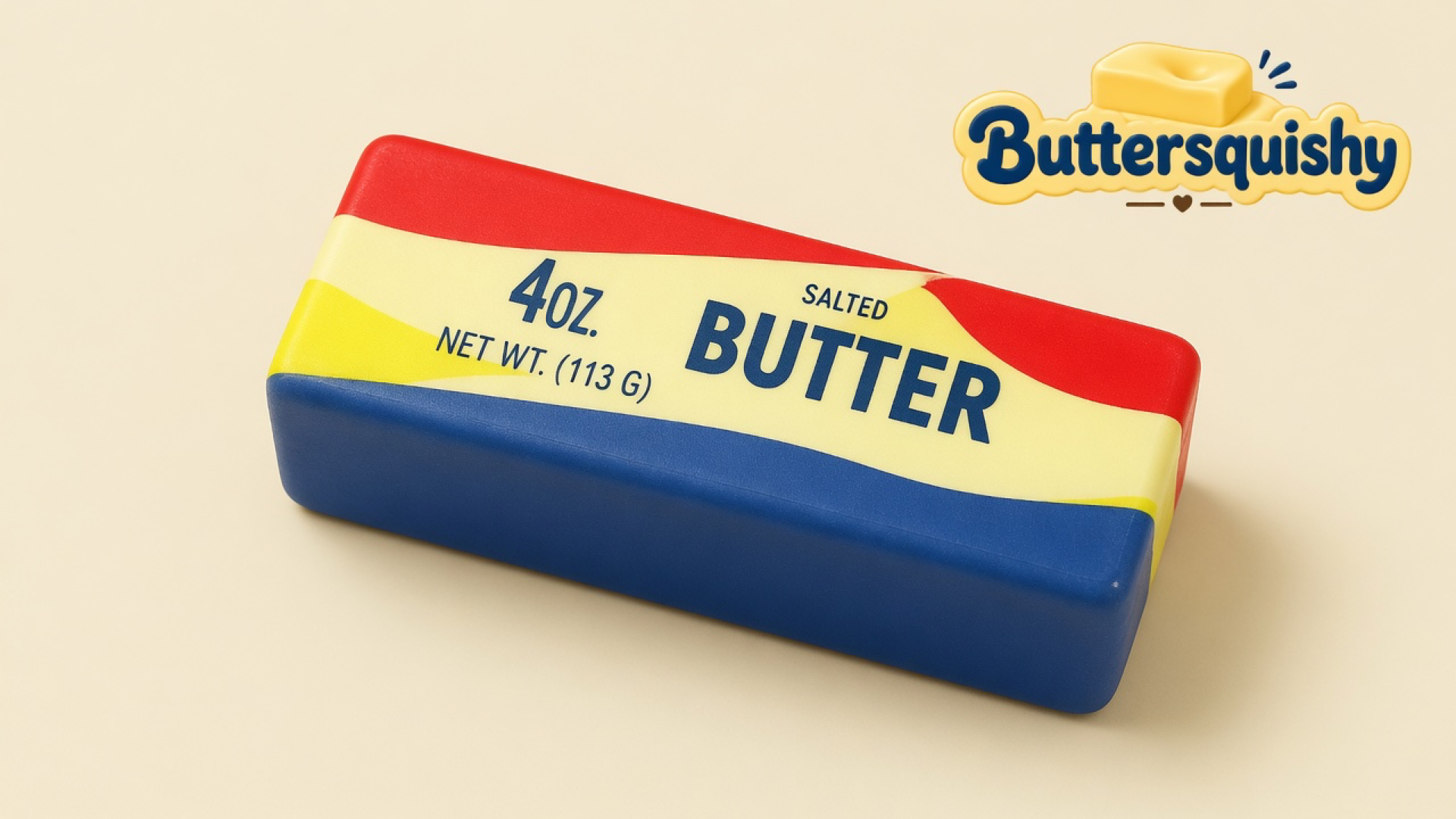 One Rainbow Stripe Butter stick with red, yellow, and blue bands on a cream studio background, with the Buttersquishy logo at upper right